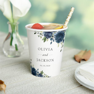 Navy Blue Flowers, Greenery, Boho, Floral Wedding Paper Cups