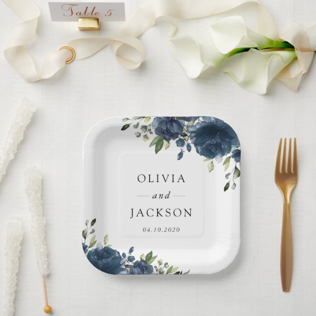 Navy Blue Flowers, Greenery, Boho, Floral Wedding Paper Plates (Wedding)
