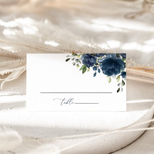 Navy Blue Flowers Greenery Boho Floral Wedding Place Card