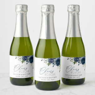 Navy Blue Flowers, Greenery, Boho, Floral Wedding Sparkling Wine Label