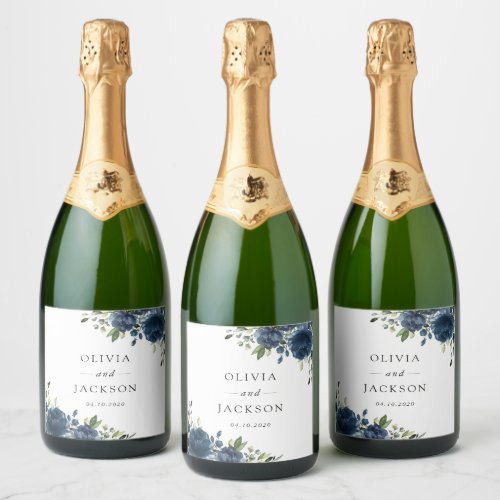 Navy Blue Flowers Greenery Boho Floral Wedding Sparkling Wine Label