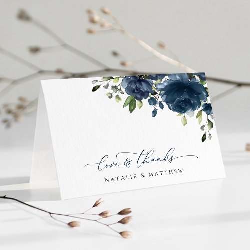 Navy Blue Flowers Greenery Boho Floral Wedding Thank You Card