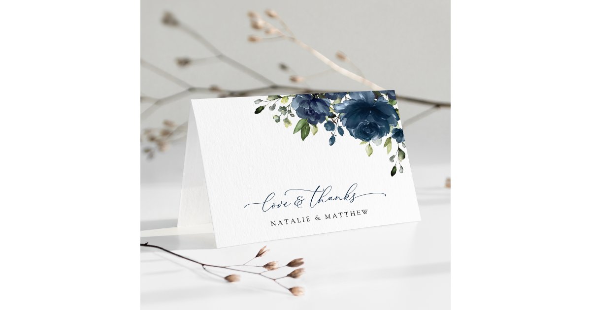Navy Blue Flowers, Greenery, Boho, Floral Wedding Thank You Card | Zazzle
