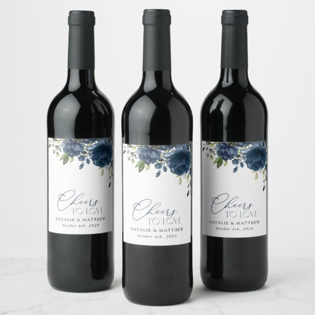 Navy Blue Flowers, Greenery, Boho, Floral Wedding Wine Label (Bottles)