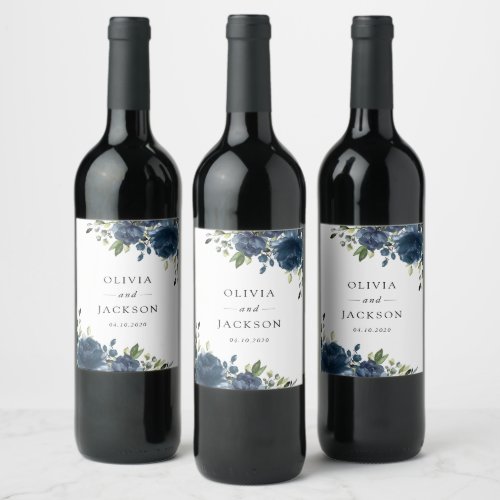 Navy Blue Flowers Greenery Boho Floral Wedding Wine Label