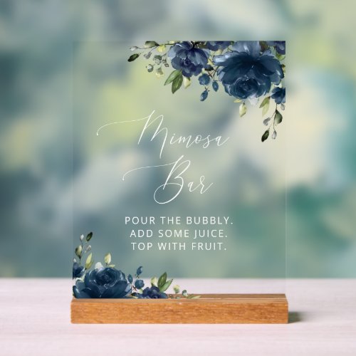 Navy Blue Flowers Greenery Boho Mimosa Bar  Acrylic Sign