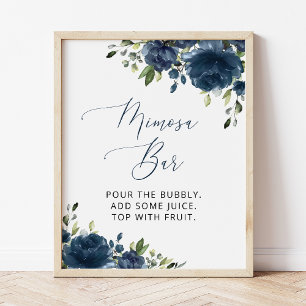 Navy Blue Flowers, Greenery, Boho, Mimosa Bar  Poster