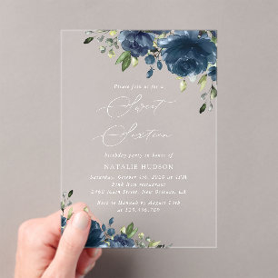 Navy Blue Flowers, Greenery, Boho, Sweet 16 Acrylic Invitations