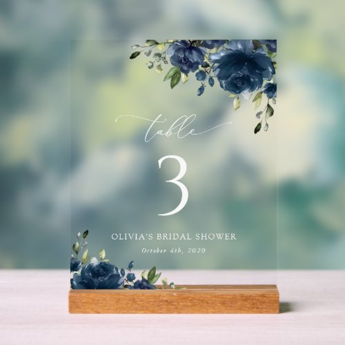 Navy Blue Flowers Greenery Boho Table Numbers Acrylic Sign
