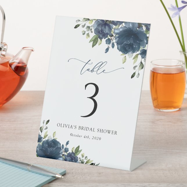 Navy Blue Flowers, Greenery, Boho, Table Numbers Pedestal Sign (In SItu)