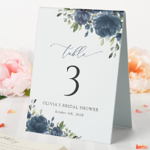 Navy Blue Flowers, Greenery, Boho, Table Numbers Table Tent