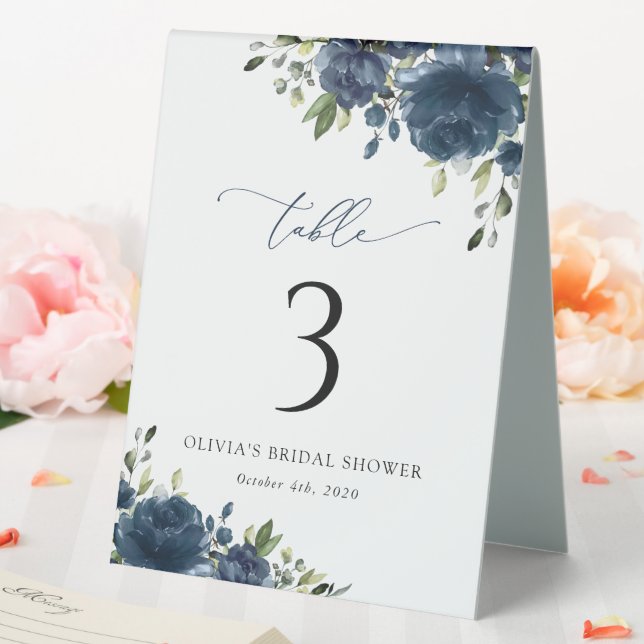 Navy Blue Flowers, Greenery, Boho, Table Numbers Table Tent (In SItu (Wedding))