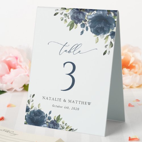 Navy Blue Flowers Greenery Boho Table Numbers Table Tent Sign