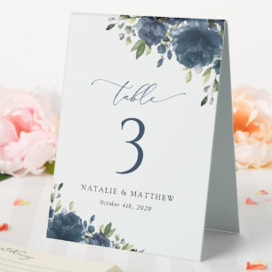 Navy Blue Flowers, Greenery, Boho, Table Numbers Tent