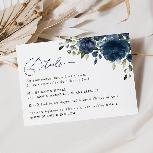 Navy Blue Flowers Greenery Boho Wedding Details Enclosure Card