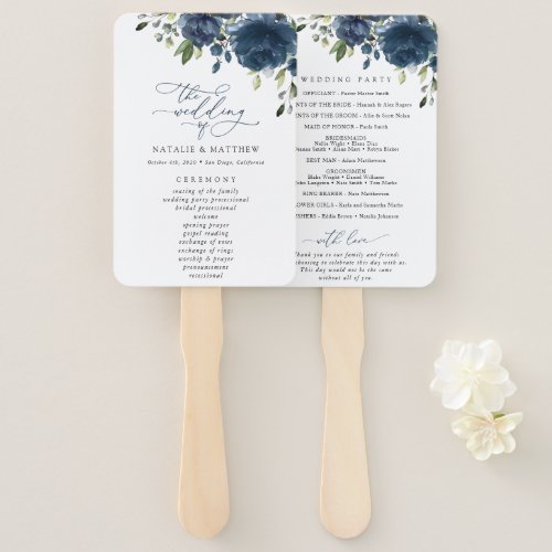 Navy Blue Flowers Greenery Boho Wedding Program Hand Fan