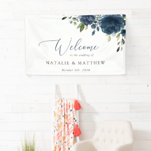 Navy Blue Flowers, Greenery, Boho, Wedding Welcome Banner