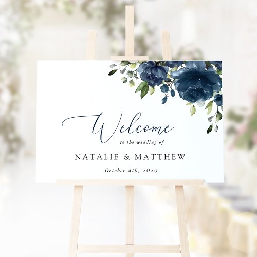 Navy Blue Flowers Greenery Boho Wedding Welcome Sign