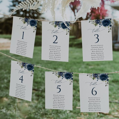 Navy Blue Flowers Greenery Seating Chart Cards