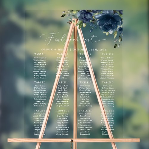 Navy Blue Flowers Greenery Wedding Seating Chart