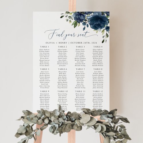 Navy Blue Flowers Greenery Wedding Seating Chart Foam Board