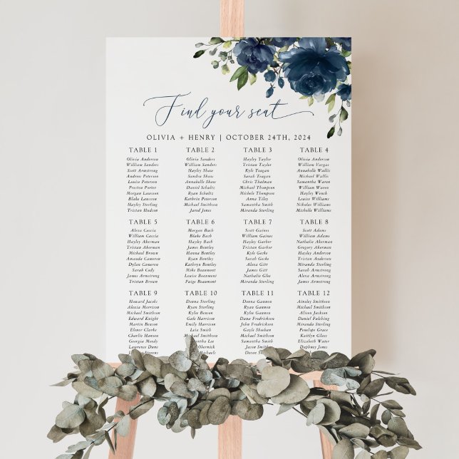 Navy Blue Flowers, Greenery, Wedding Seating Chart Foam Board (Creator Uploaded)