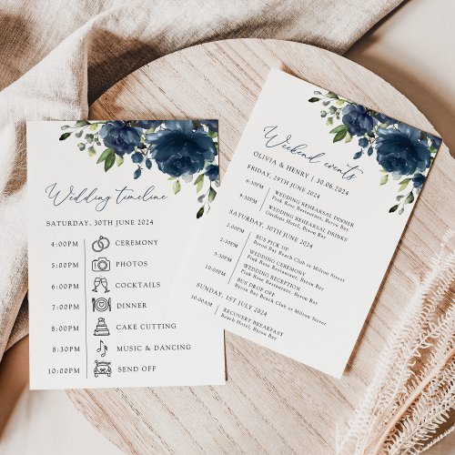 Navy Blue Flowers Greenery Wedding Timeline