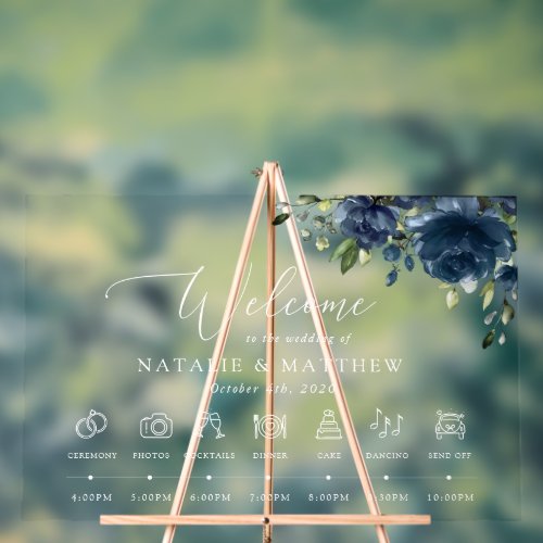Navy Blue Flowers Greenery Wedding Timeline Acrylic Sign