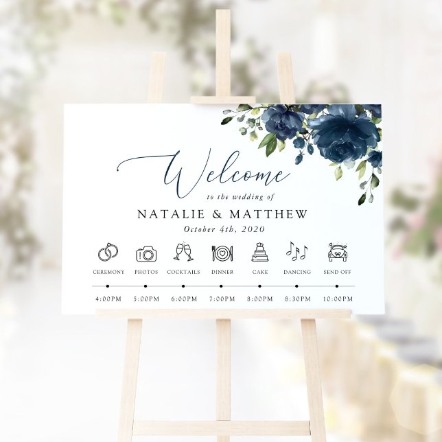 Navy Blue Flowers, Greenery, Wedding Timeline Sign (Creator Uploaded)