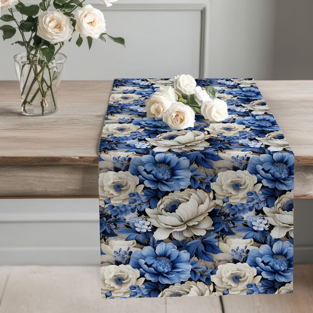 Navy Blue Flowers Ivory Floral Table Runner (Navy Blue Flowers Ivory Floral Table Runner)