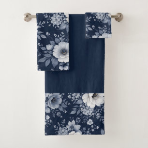 navy blue flowers modern decorative bathroom bath towel set