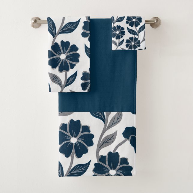navy blue flowers modern decorative bathroom  bath towel set (Insitu)