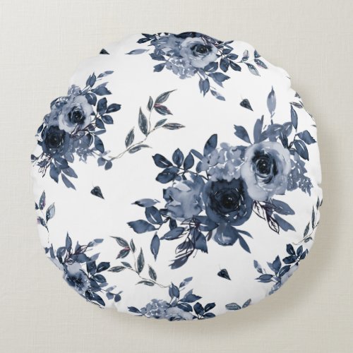 Navy Blue Flowers on White Circular Throw Pillow