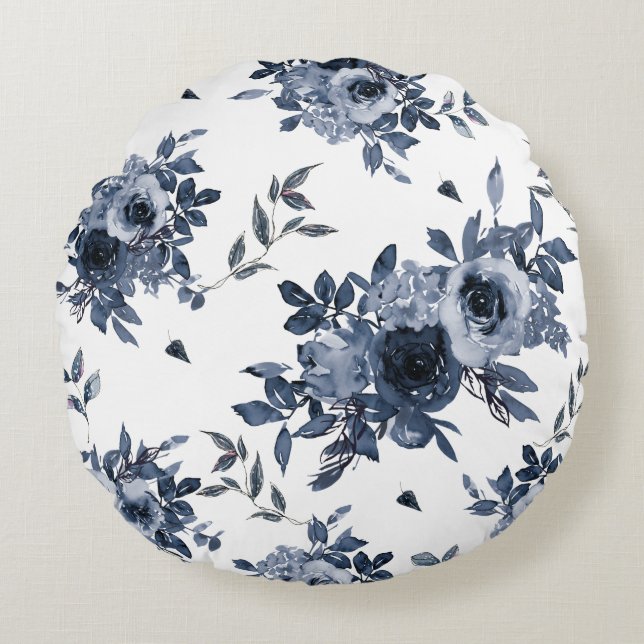 Navy Blue Flowers on White Circular Throw Pillow (Front)