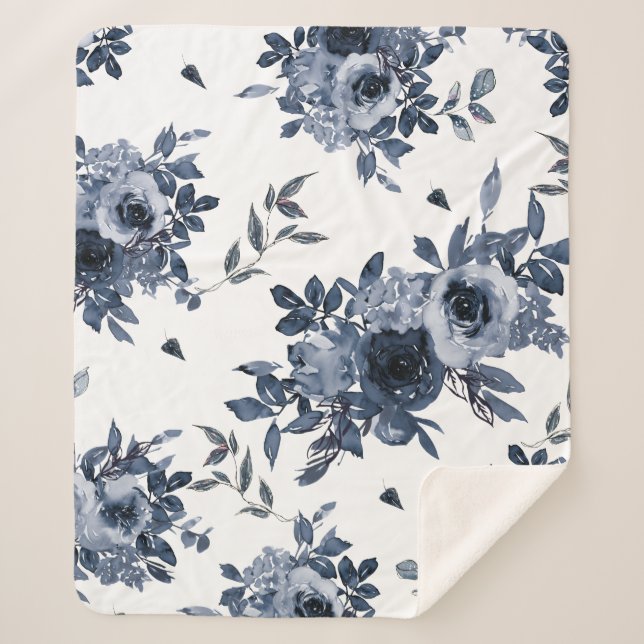 Navy Blue Flowers on White Sherpa Blanket (Front)