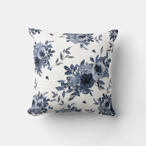 Navy Blue Flowers on White Throw Pillow