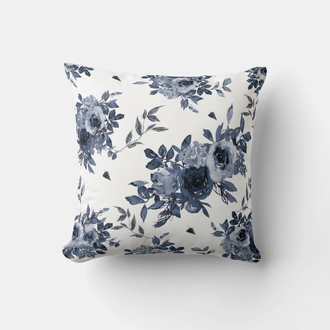 Navy Blue Flowers on White Throw Pillow (Front)