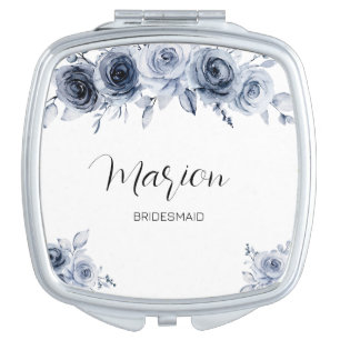Navy Blue Flowers Personalized Name Compact Mirror