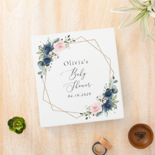 Navy Blue Flowers, Pink Flowers, Baby Shower 3 Ring Binder