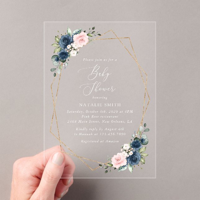 Navy Blue Flowers, Pink Flowers, Baby Shower  Acrylic Invitations (Insitu (Handheld))