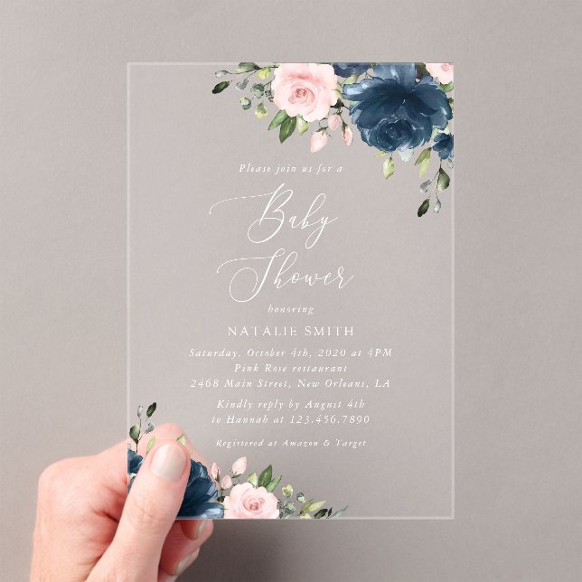 Navy Blue Flowers, Pink Flowers, Baby Shower Acrylic Invitations (Insitu (Handheld))