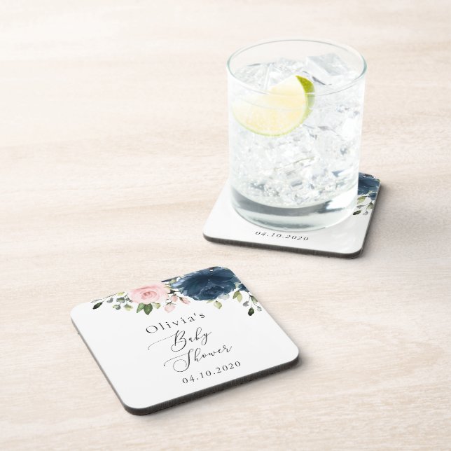 Navy Blue Flowers, Pink Flowers, Baby Shower Beverage Coaster (Right Side)