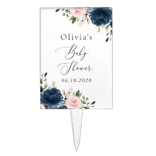 Navy Blue Flowers, Pink Flowers, Baby Shower Cake Topper
