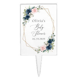 Navy Blue Flowers, Pink Flowers, Baby Shower Cake Topper
