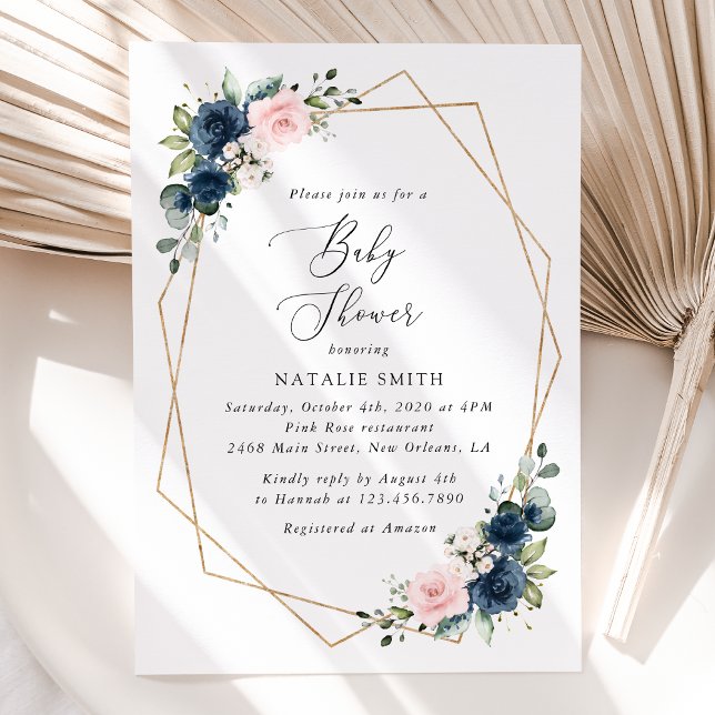 Navy Blue Flowers, Pink Flowers, Baby Shower  Invitation (Creator Uploaded)