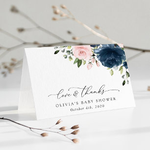 Navy Blue Flowers, Pink Flowers, Baby Shower Letterpress Thank You Card