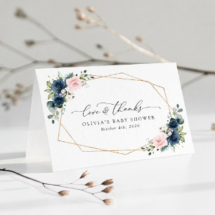 Navy Blue Flowers, Pink Flowers, Baby Shower  Letterpress Thank You Card