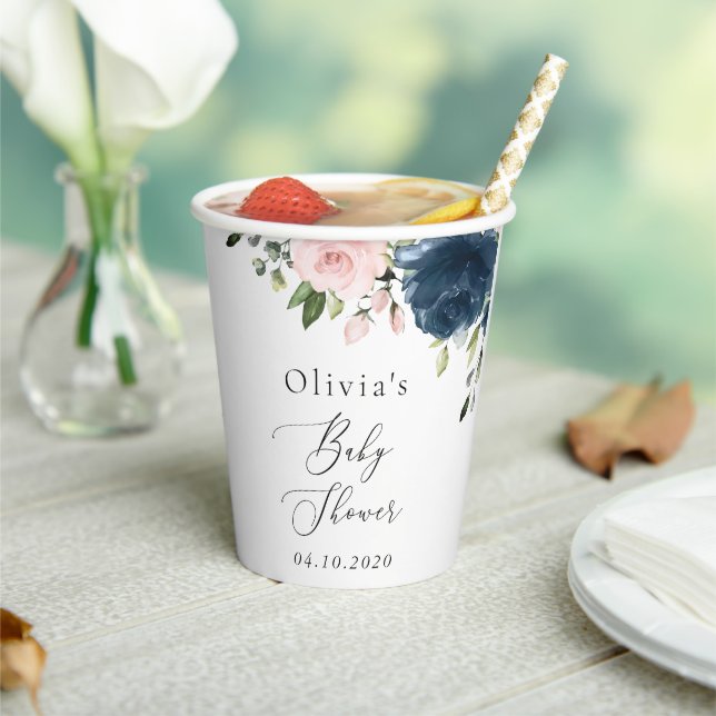 Navy Blue Flowers, Pink Flowers, Baby Shower Paper Cups (Insitu)