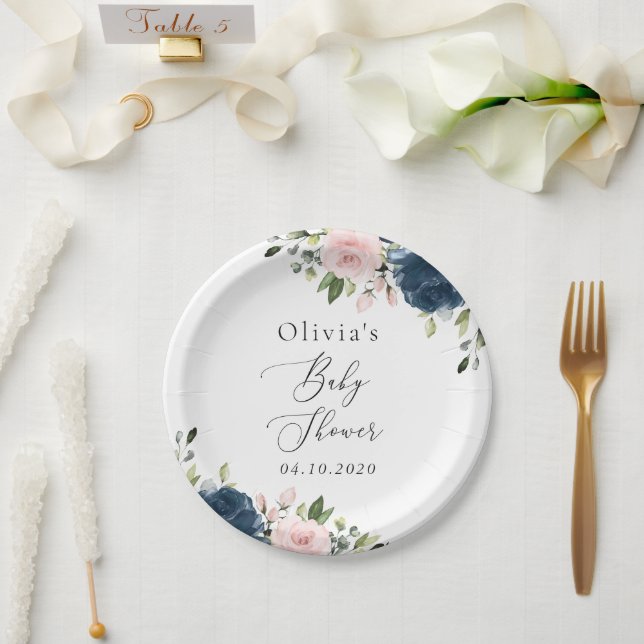 Navy Blue Flowers, Pink Flowers, Baby Shower Paper Plates (Wedding)