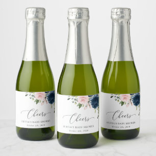 Navy Blue Flowers, Pink Flowers, Baby Shower Sparkling Wine Label